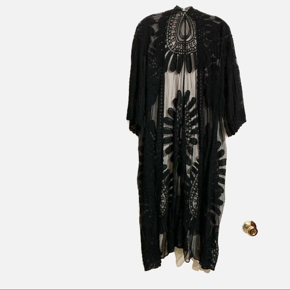 Kimono Shawl Drape Cape Duster Black short sleeve lace sheer one size - Picture 2 of 9